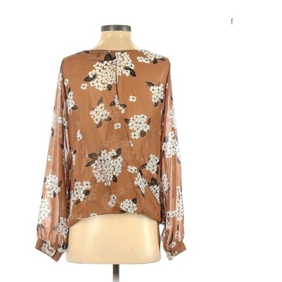 Sanctuary Long Sleeve Neutral Floral Blouse Sheer‎ Sleeves Camel Tan Sz Small - Picture 2 of 8